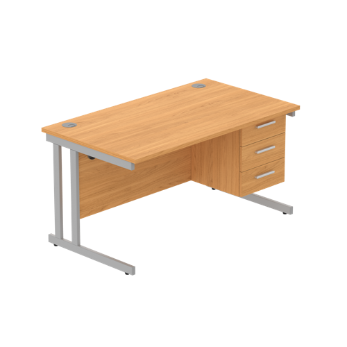 Office Rectangular Desk with Steel Double Upright Cantilever Legs + 3 Drawer Fixed Pedestal  1400X800 Norwegian Beech/Silver