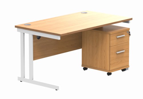 Double Upright Rectangular Desk + 2 Drawer Mobile Under Desk Pedestal 1400X800 Norwegian Beech/White