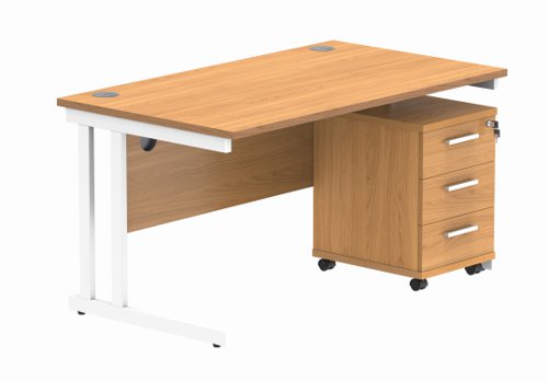 Double Upright Rectangular Desk + 3 Drawer Mobile Under Desk Pedestal 1400X800 Norwegian Beech/White