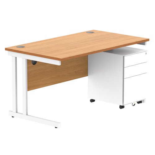 Double Upright Rectangular Desk + Under Desk Steel Pedestal 3 Drawers 1400X800 Norwegian Beech/White