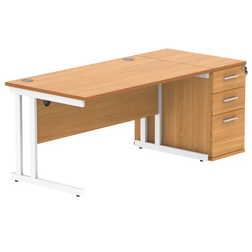 Double Upright Rectangular Desk + Desk High Pedestal 1400X800 Norwegian Beech/White