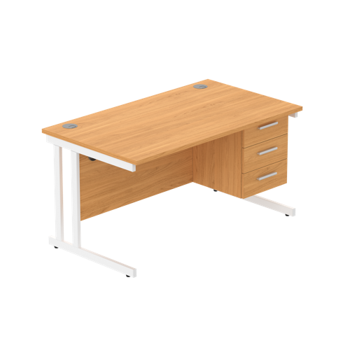 Office Rectangular Desk with Steel Double Upright Cantilever Legs + 3 Drawer Fixed Pedestal  1400X800 Norwegian Beech/White