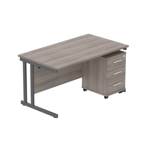 Double Upright Rectangular Desk + 3 Drawer Mobile Under Desk Pedestal  1400X800 Alaskan Grey Oak/Graphite