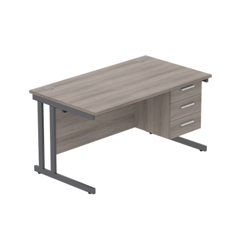 Office Rectangular Desk with Steel Double Upright Cantilever Legs + 3 Drawer Fixed Pedestal  1400X800 Alaskan Grey Oak/Graphite