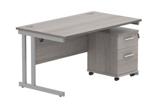 Double Upright Rectangular Desk + 2 Drawer Mobile Under Desk Pedestal 1400X800 Alaskan Grey Oak/Silver