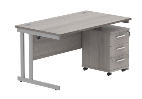 Double Upright Rectangular Desk + 3 Drawer Mobile Under Desk Pedestal 1400X800 Alaskan Grey Oak/Silver