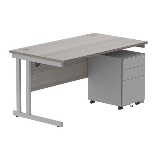 Double Upright Rectangular Desk + Under Desk Steel Pedestal 3 Drawers 1400X800 Alaskan Grey Oak/Silver