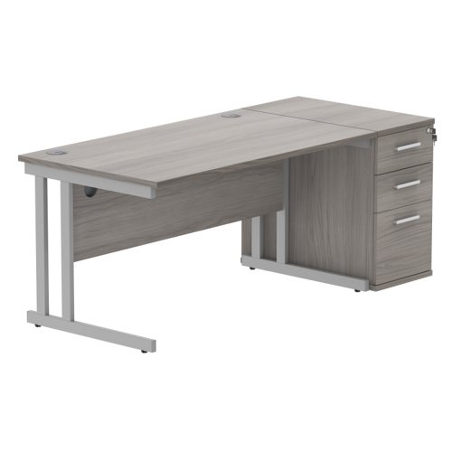 Double Upright Rectangular Desk + Desk High Pedestal 1400X800 Alaskan Grey Oak/Silver
