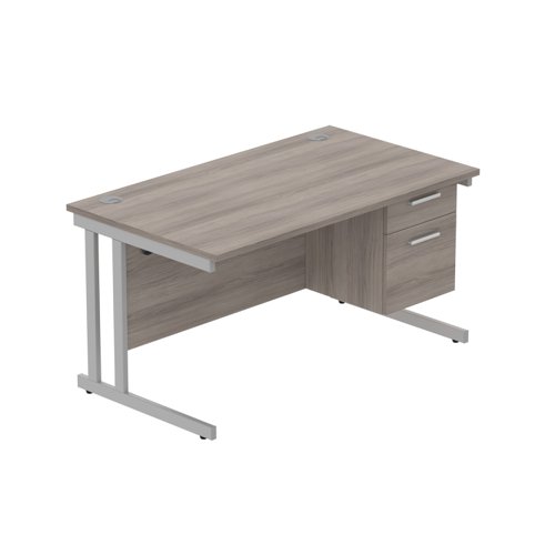 Office Rectangular Desk with Steel Double Upright Cantilever Legs + 2 Drawer Fixed Pedestal (FSC) 1400X800 Alaskan Grey Oak/Silver