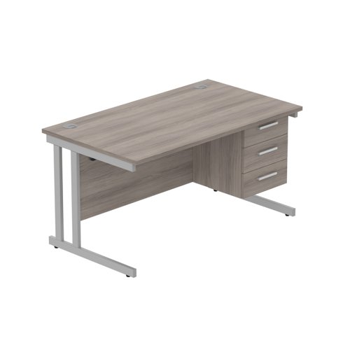 Office Rectangular Desk with Steel Double Upright Cantilever Legs + 3 Drawer Fixed Pedestal (FSC) 1400X800 Alaskan Grey Oak/Silver