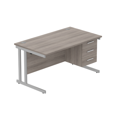 Office Rectangular Desk with Steel Double Upright Cantilever Legs + 3 Drawer Fixed Pedestal  1400X800 Alaskan Grey Oak/Silver