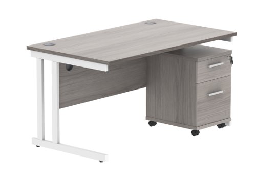 Double Upright Rectangular Desk + 2 Drawer Mobile Under Desk Pedestal 1400X800 Alaskan Grey Oak/White