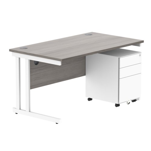 Double Upright Rectangular Desk + Under Desk Steel Pedestal 3 Drawers 1400X800 Alaskan Grey Oak/White