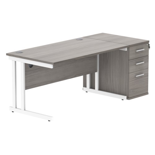Double Upright Rectangular Desk + Desk High Pedestal 1400X800 Alaskan Grey Oak/White