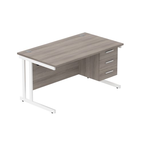 Office Rectangular Desk with Steel Double Upright Cantilever Legs + 3 Drawer Fixed Pedestal (FSC) 1400X800 Alaskan Grey Oak/White