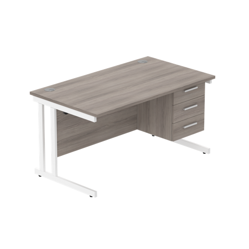 Office Rectangular Desk with Steel Double Upright Cantilever Legs + 3 Drawer Fixed Pedestal  1400X800 Alaskan Grey Oak/White