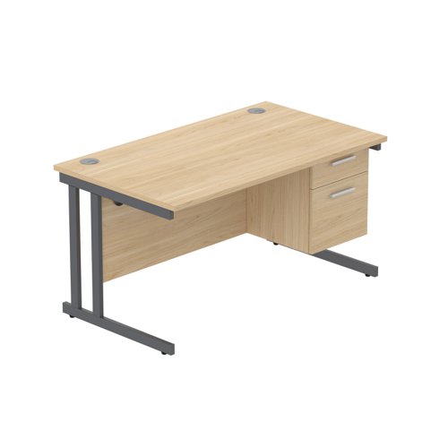 Office Rectangular Desk with Steel Double Upright Cantilever Legs + 2 Drawer Fixed Pedestal (FSC) 1400X800 Canadian Oak/Graphite