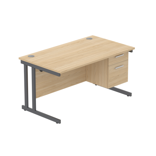 Office Rectangular Desk with Steel Double Upright Cantilever Legs + 2 Drawer Fixed Pedestal  1400X800 Canadian Oak/Graphite