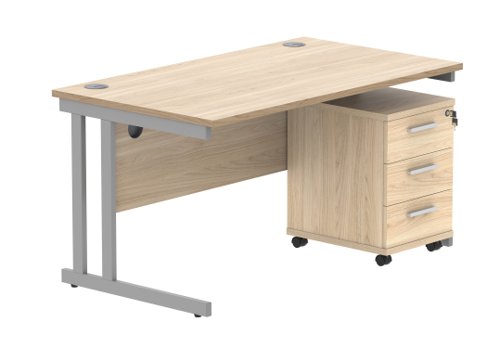 Double Upright Rectangular Desk + 3 Drawer Mobile Under Desk Pedestal (FSC) 1400X800 Canadian Oak/Silver