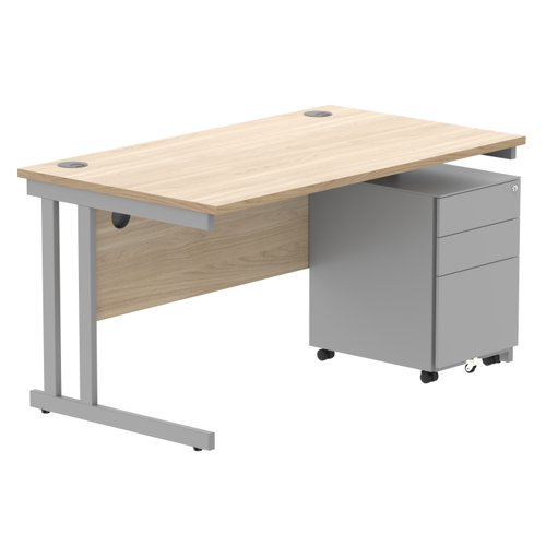 Double Upright Rectangular Desk + Under Desk Steel Pedestal 3 Drawers 1400X800 Canadian Oak/Silver