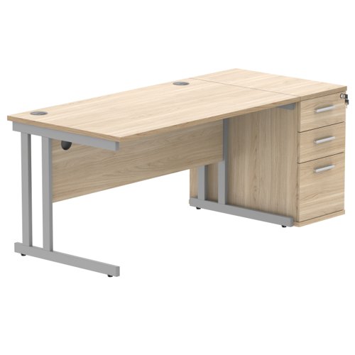 Double Upright Rectangular Desk + Desk High Pedestal (FSC) 1400X800 Canadian Oak/Silver