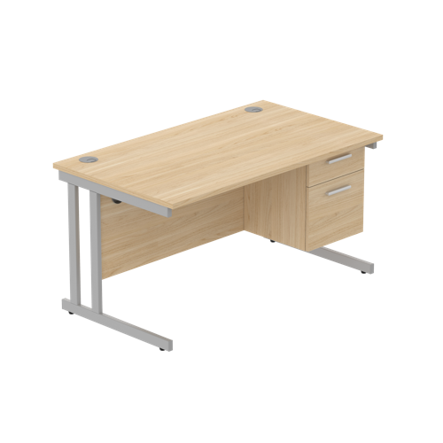 Office Rectangular Desk with Steel Double Upright Cantilever Legs + 2 Drawer Fixed Pedestal  1400X800 Canadian Oak/Silver