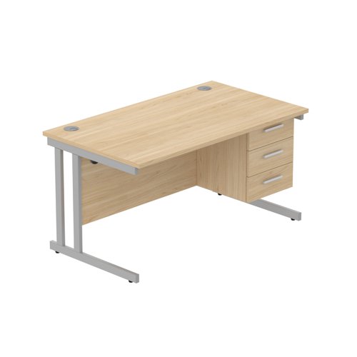 Office Rectangular Desk with Steel Double Upright Cantilever Legs + 3 Drawer Fixed Pedestal (FSC) 1400X800 Canadian Oak/Silver