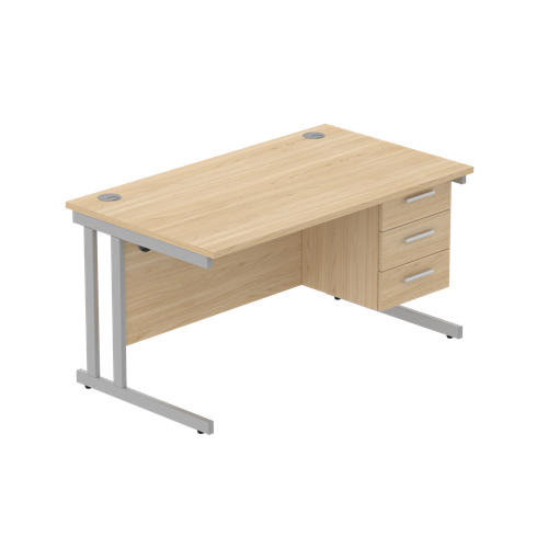 Office Rectangular Desk with Steel Double Upright Cantilever Legs + 3 Drawer Fixed Pedestal  1400X800 Canadian Oak/Silver