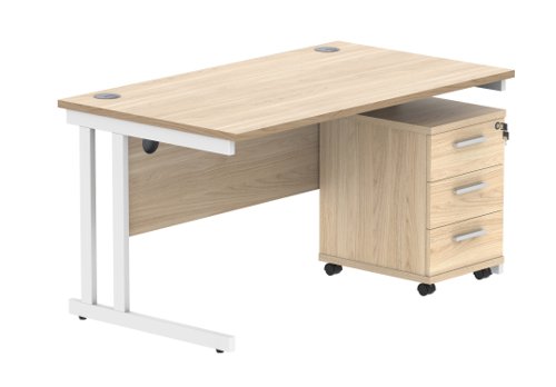 Double Upright Rectangular Desk + 3 Drawer Mobile Under Desk Pedestal (FSC) 1400X800 Canadian Oak/White