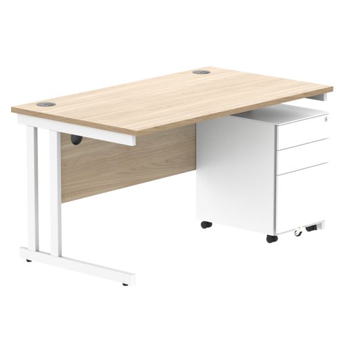 Double Upright Rectangular Desk + Under Desk Steel Pedestal 3 Drawers 1400X800 Canadian Oak/White