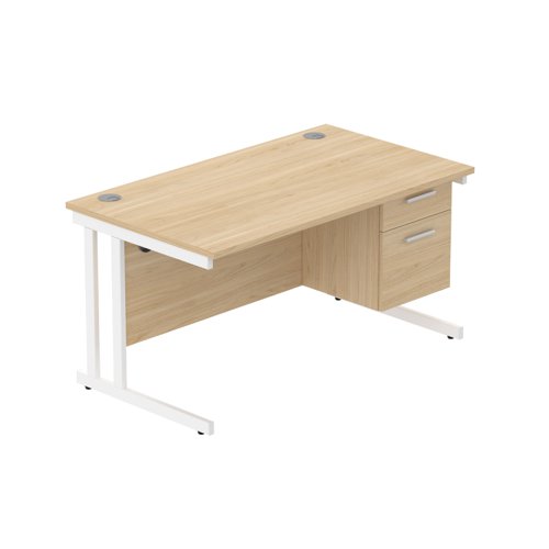 Office Rectangular Desk with Steel Double Upright Cantilever Legs + 2 Drawer Fixed Pedestal (FSC) 1400X800 Canadian Oak/White