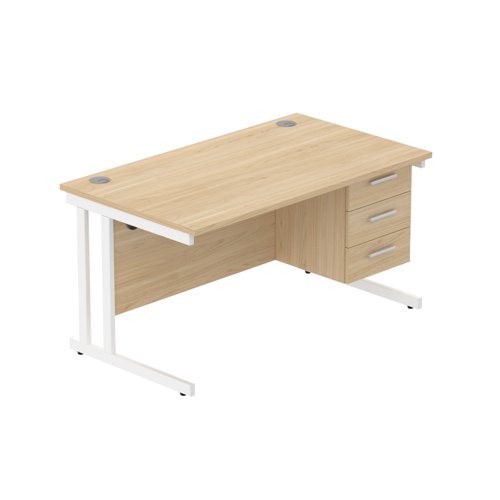 Office Rectangular Desk with Steel Double Upright Cantilever Legs + 3 Drawer Fixed Pedestal (FSC) 1400X800 Canadian Oak/White