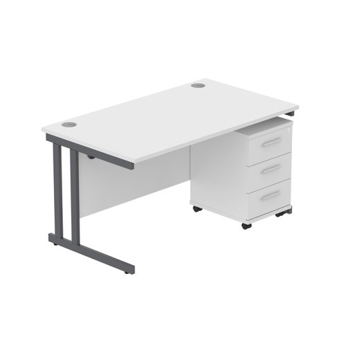 Double Upright Rectangular Desk + 3 Drawer Mobile Under Desk Pedestal (FSC) 1400X800 Arctic White/Graphite