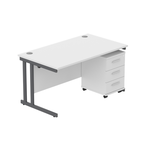 Double Upright Rectangular Desk + 3 Drawer Mobile Under Desk Pedestal  1400X800 Arctic White/Graphite