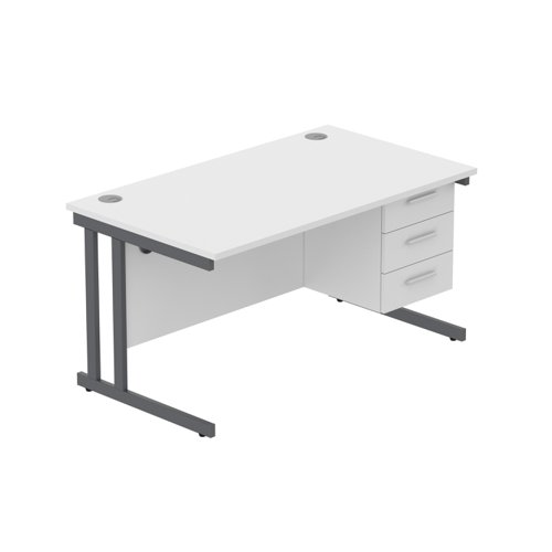Office Rectangular Desk with Steel Double Upright Cantilever Legs + 3 Drawer Fixed Pedestal (FSC) 1400X800 Arctic White/Graphite