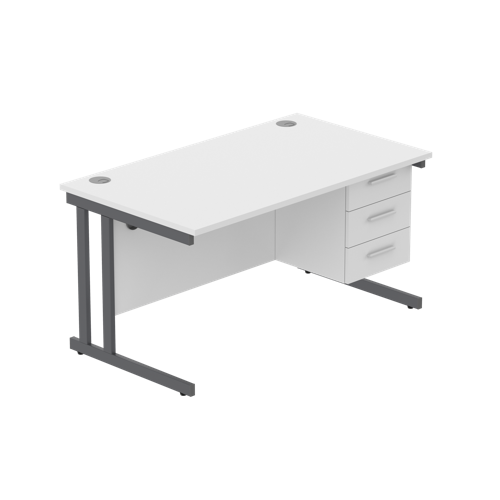 Office Rectangular Desk with Steel Double Upright Cantilever Legs + 3 Drawer Fixed Pedestal  1400X800 Arctic White/Graphite