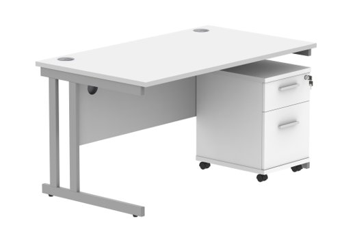 Double Upright Rectangular Desk + 2 Drawer Mobile Under Desk Pedestal 1400X800 Arctic White/Silver