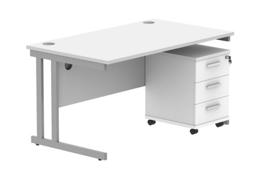 Double Upright Rectangular Desk + 3 Drawer Mobile Under Desk Pedestal 1400X800 Arctic White/Silver