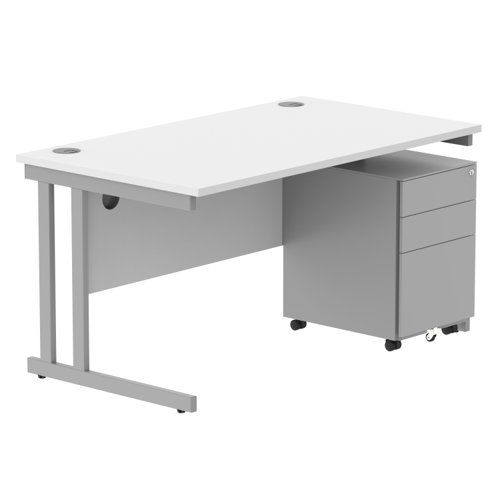 Double Upright Rectangular Desk + Under Desk Steel Pedestal 3 Drawers (FSC) 1400X800 Arctic White/Silver
