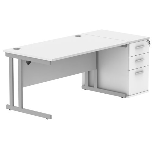 Double Upright Rectangular Desk + Desk High Pedestal 1400X800 Arctic White/Silver