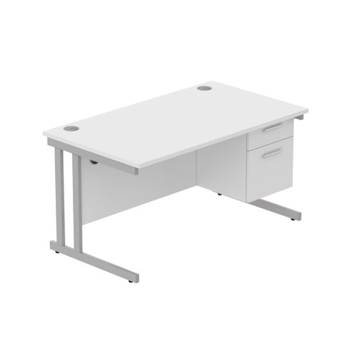 Office Rectangular Desk with Steel Double Upright Cantilever Legs + 2 Drawer Fixed Pedestal (FSC) 1400X800 Arctic White/Silver
