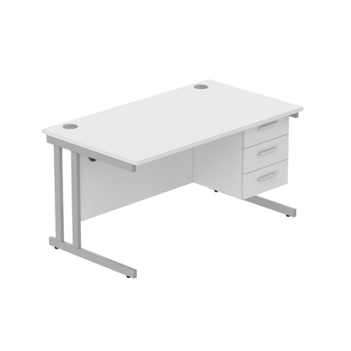 Office Rectangular Desk with Steel Double Upright Cantilever Legs + 3 Drawer Fixed Pedestal (FSC) 1400X800 Arctic White/Silver