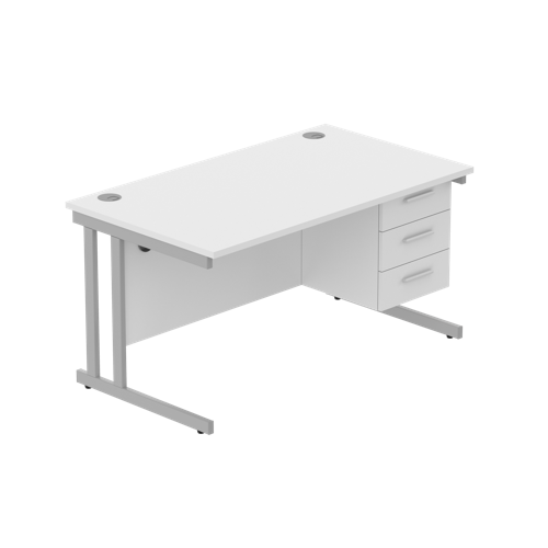 Office Rectangular Desk with Steel Double Upright Cantilever Legs + 3 Drawer Fixed Pedestal  1400X800 Arctic White/Silver