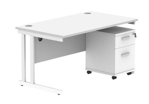 Double Upright Rectangular Desk + 2 Drawer Mobile Under Desk Pedestal 1400X800 Arctic White/White