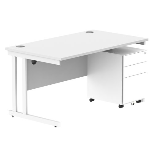 Double Upright Rectangular Desk + Under Desk Steel Pedestal 3 Drawers (FSC) 1400X800 Arctic White/White
