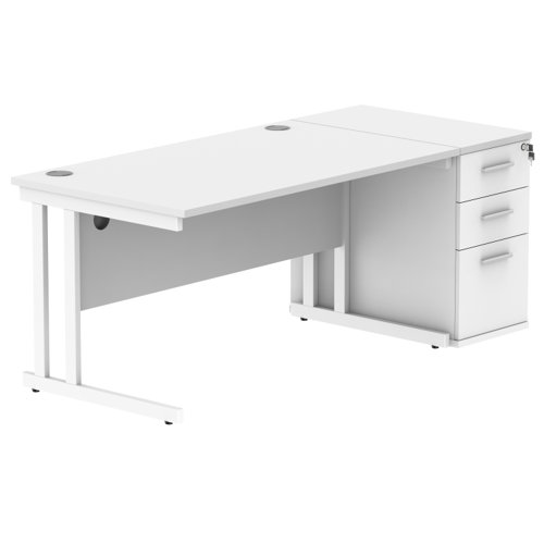 Double Upright Rectangular Desk + Desk High Pedestal 1400X800 Arctic White/White