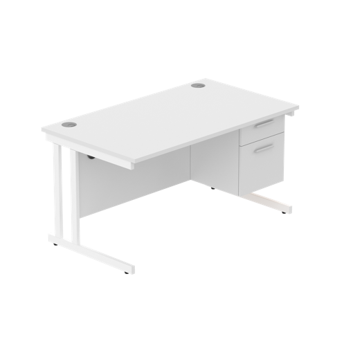 Office Rectangular Desk with Steel Double Upright Cantilever Legs + 2 Drawer Fixed Pedestal  1400X800 Arctic White/White