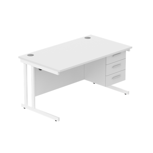 Office Rectangular Desk with Steel Double Upright Cantilever Legs + 3 Drawer Fixed Pedestal  1400X800 Arctic White/White