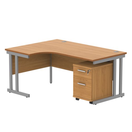 Double Upright Left Hand Radial Desk + 2 Drawer Mobile Under Desk Pedestal 1600X1200 Norwegian Beech/Silver