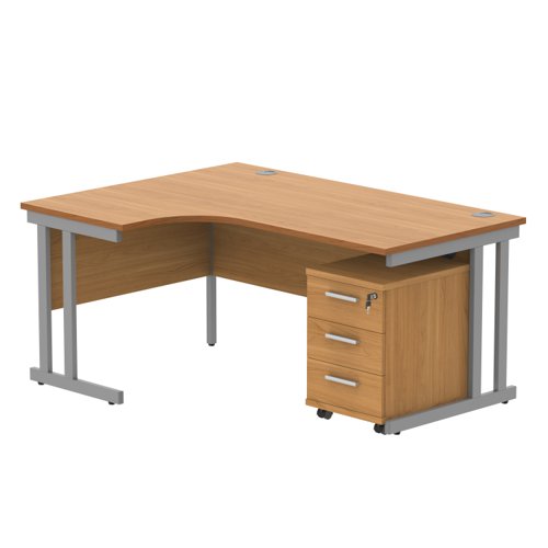 Double Upright Left Hand Radial Desk + 3 Drawer Mobile Under Desk Pedestal 1600X1200 Norwegian Beech/Silver